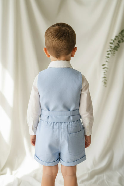 Pale blue summer vest set with blue vest, suspender shorts white shirt and bowtie