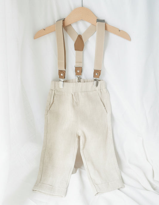 Baby and Toddler Boys beige natural pure linen pants with optional suspenders