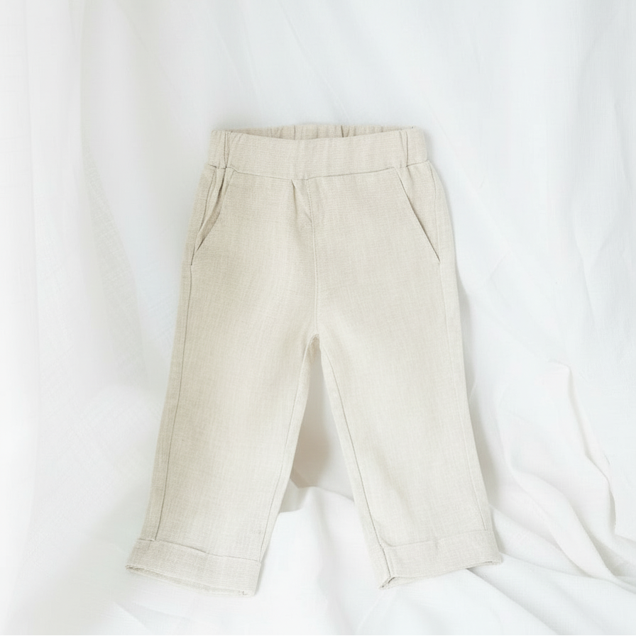 Baby and Toddler Boys beige natural pure linen pants with optional suspenders