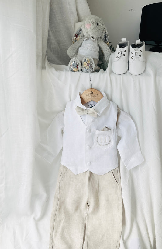 Boys white and beige linen set with vest, shirt, pants, suspenders and bowtie