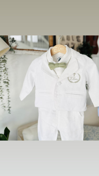 Boys white linen full 5 piece suit with vest, jacket, shirt, pants, suspenders and bow tie plus extras