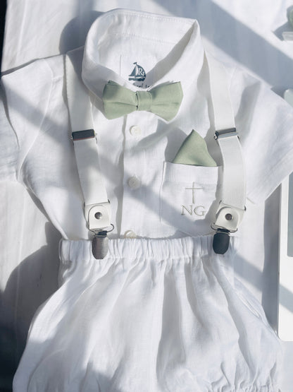 Baby and Toddler Boys white linen baptism outfit with bloomers, shirt, suspenders, bow tie