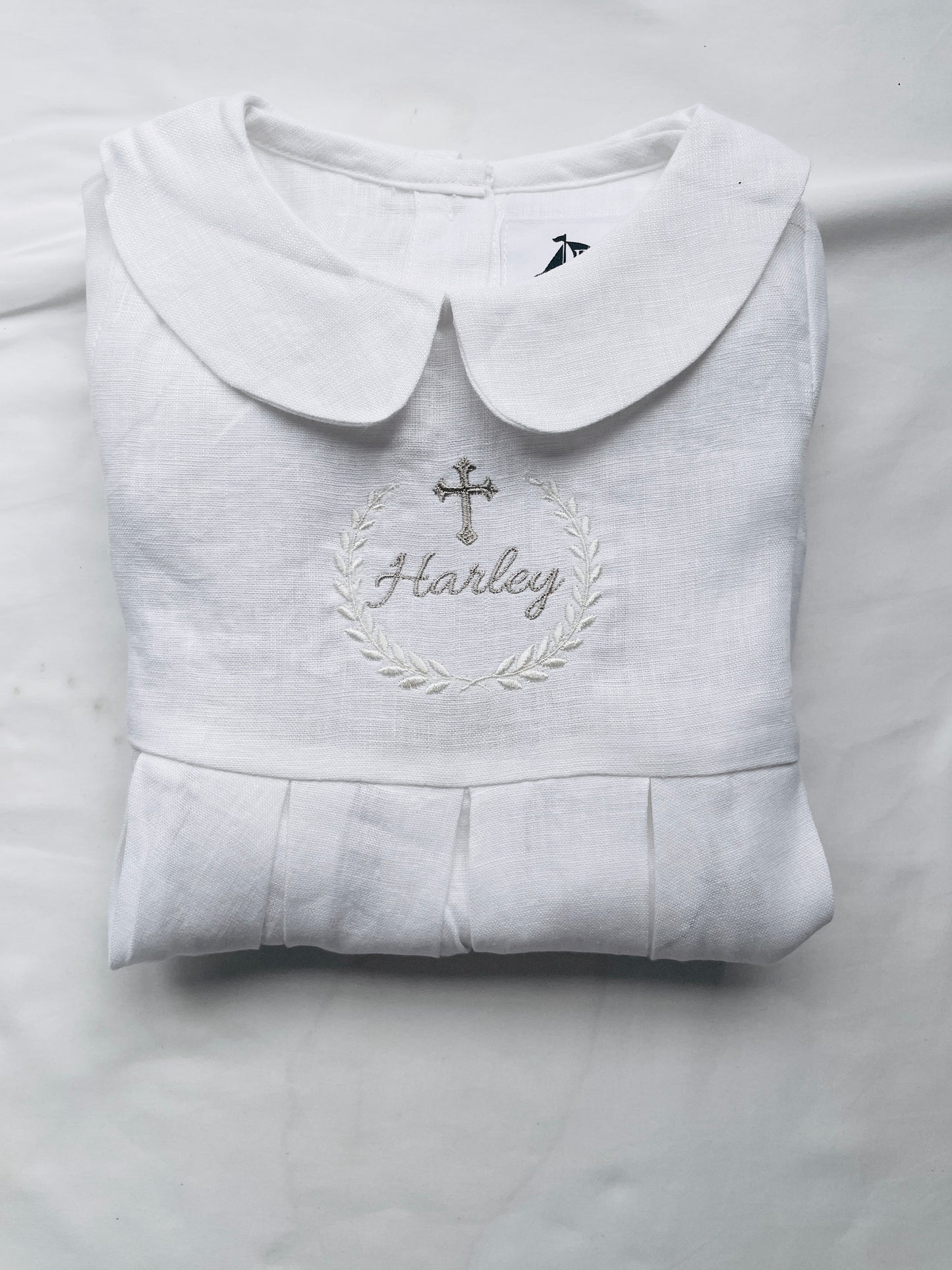 Linen Baptism peter pan collar romper outfit with optional embroidery customisation