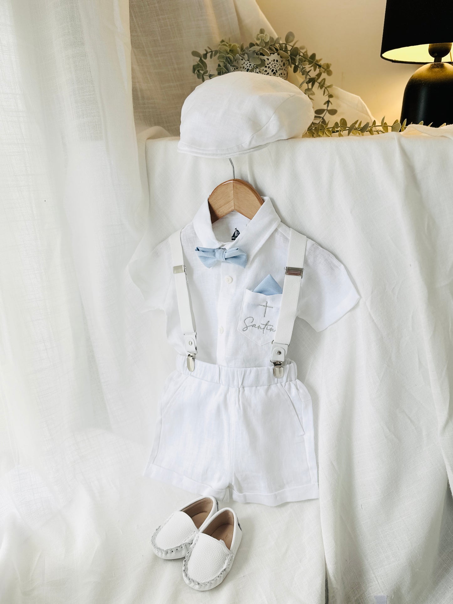 White linen summer Baptism outfit with suspender shorts, shirt, bowtie plus optional extras