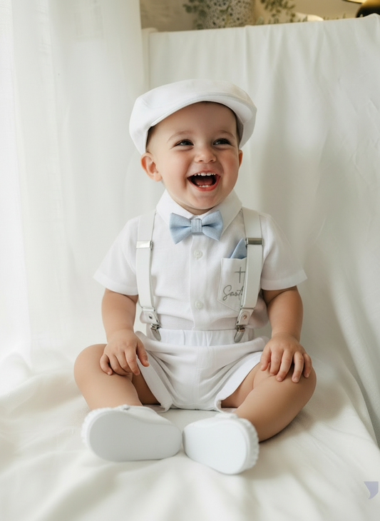 White linen summer Baptism outfit with suspender shorts, shirt, bowtie plus optional extras