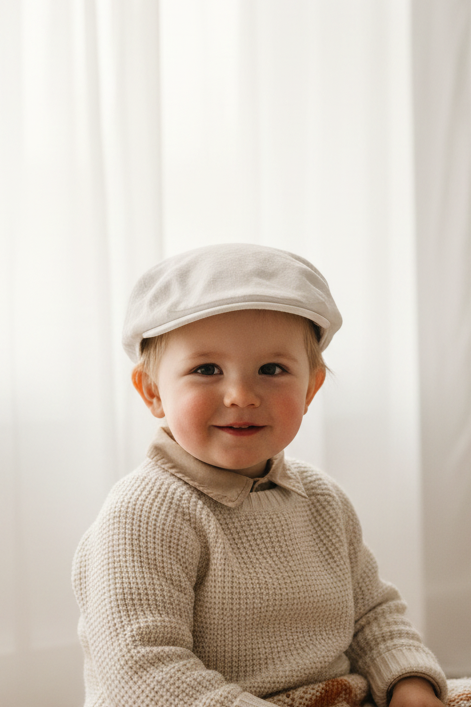 White linen Baptism flat cap beret hat