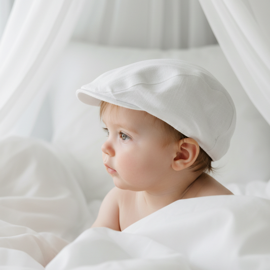 White linen Baptism flat cap beret hat