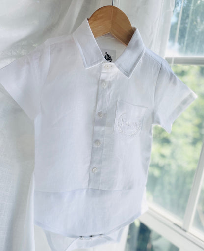 Baby and Toddler Boys white linen baptism outfit with bloomers, shirt, suspenders, bow tie