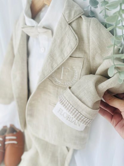 Beige Linen full length suit with pants, shirt, jacket and accessories