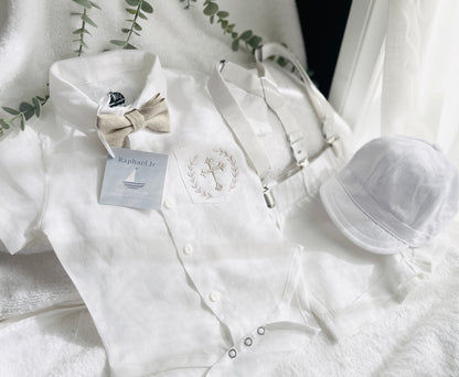 White linen summer Baptism outfit with suspender shorts, shirt, bowtie plus optional extras
