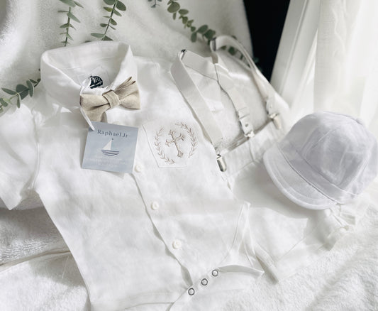 White linen summer Baptism suit set with shorts, shirt, suspenders  and bowtie plus optional extras