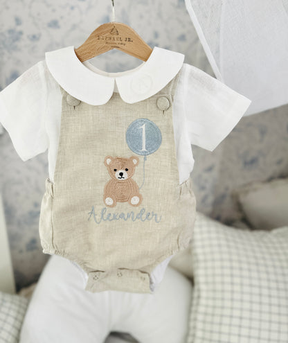 Beige and white linen Birthday teddy bear romper and blouse set