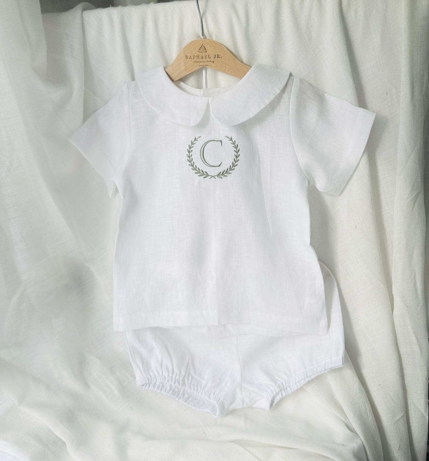 Baby and Toddler Boys white linen baptism outfit with bloomers and blouse shirt