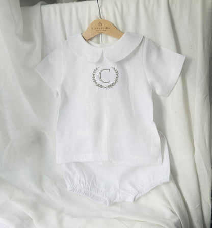 Baby and Toddler Boys white linen baptism outfit with bloomers and blouse shirt