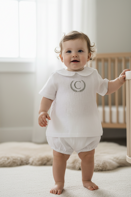 Baby and Toddler Boys white linen baptism outfit with bloomers and blouse shirt