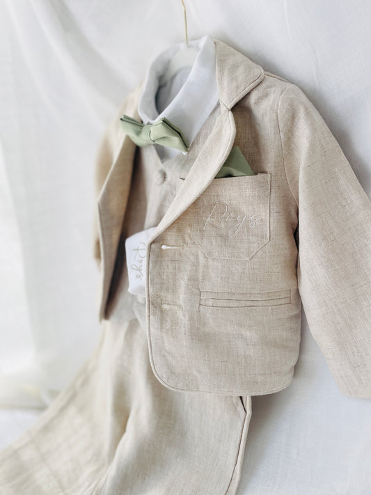 Beige linen set with vest, shirt, pants, suspenders and bowtie plus optional jacket, cap and shoes