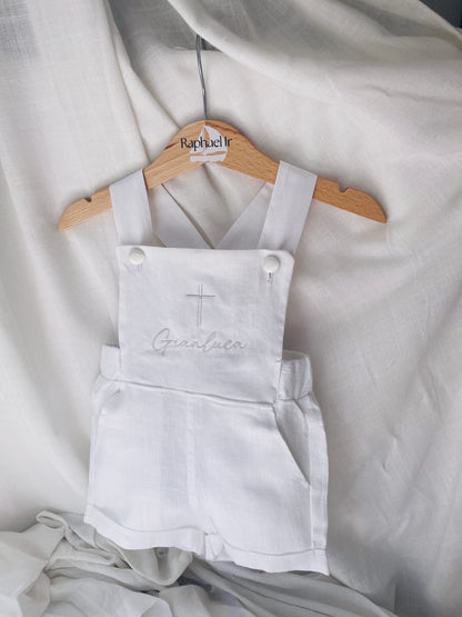 Boys white pure linen overalls suspender shorts with optional shirt and embroidery