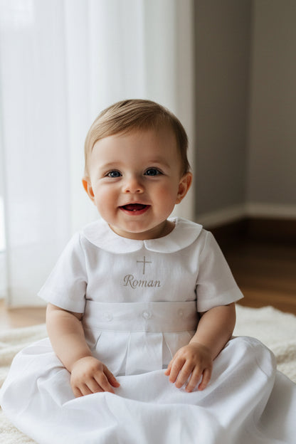White Linen Unisex Baptism Gown 3/4 length romper with detachable skirt