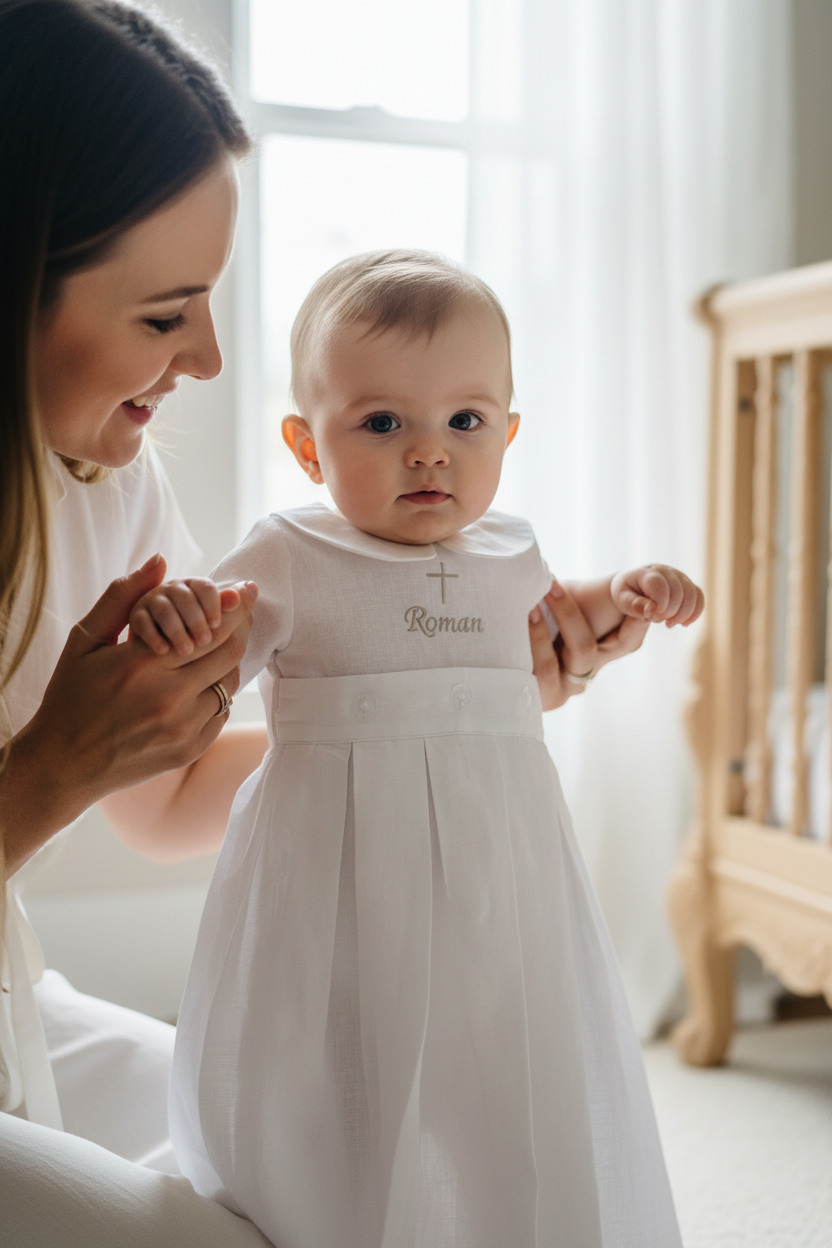 White Linen Unisex Baptism Gown 3/4 length romper with detachable skirt