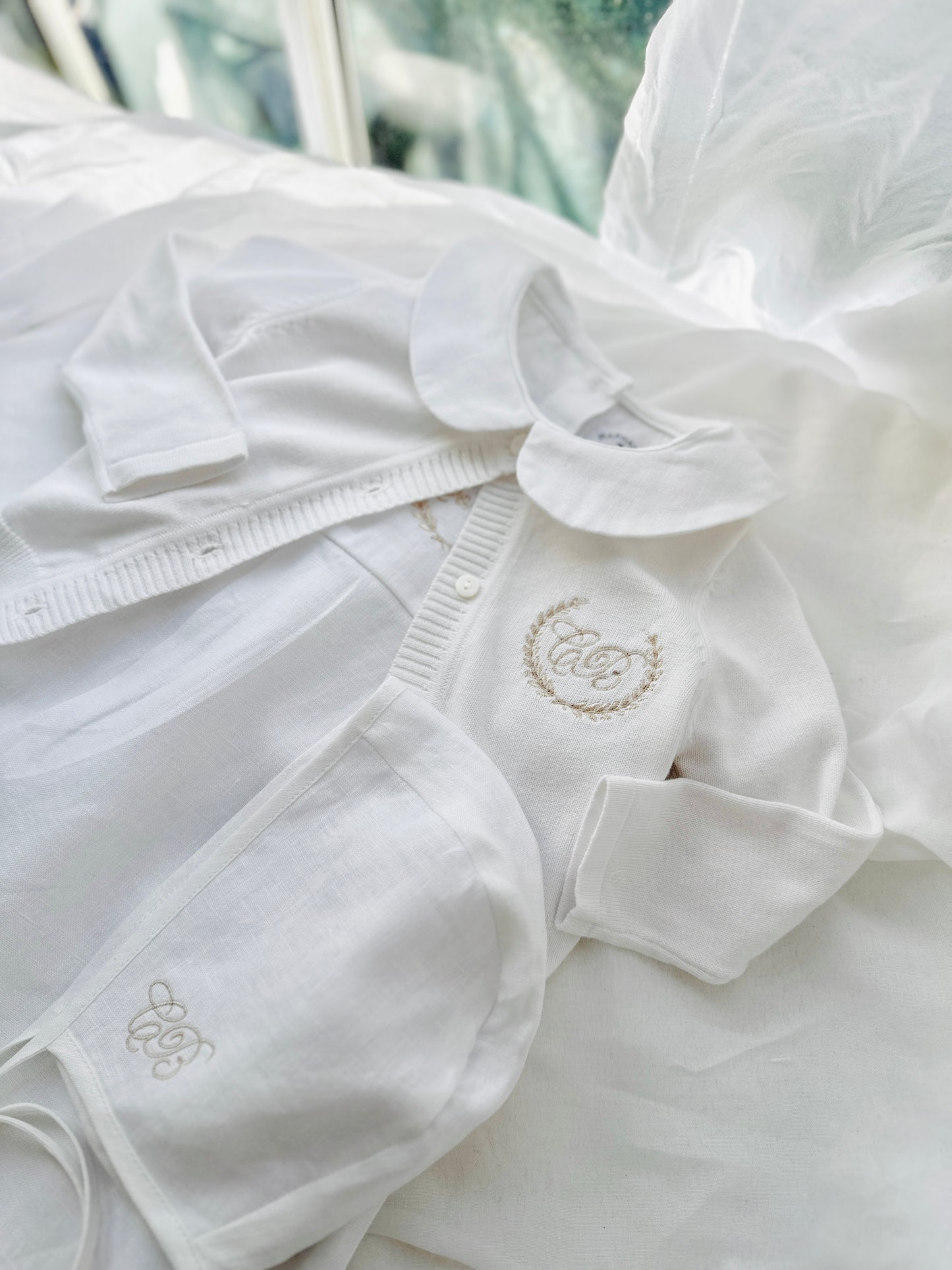 Linen Baptism 3/4 length jumpsuit romper with optional cardigan and embroidery