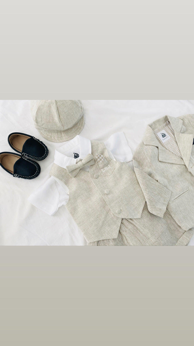 Baby and Toddler Boys white and beige linen summer set with vest, shirt, shorts, suspenders and bowtie