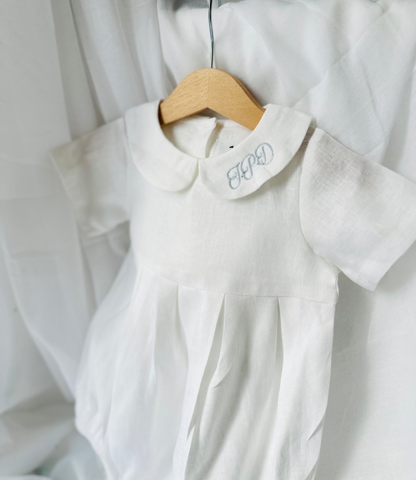 Linen Baptism peter pan collar bubble romper with optional embroidery customisation