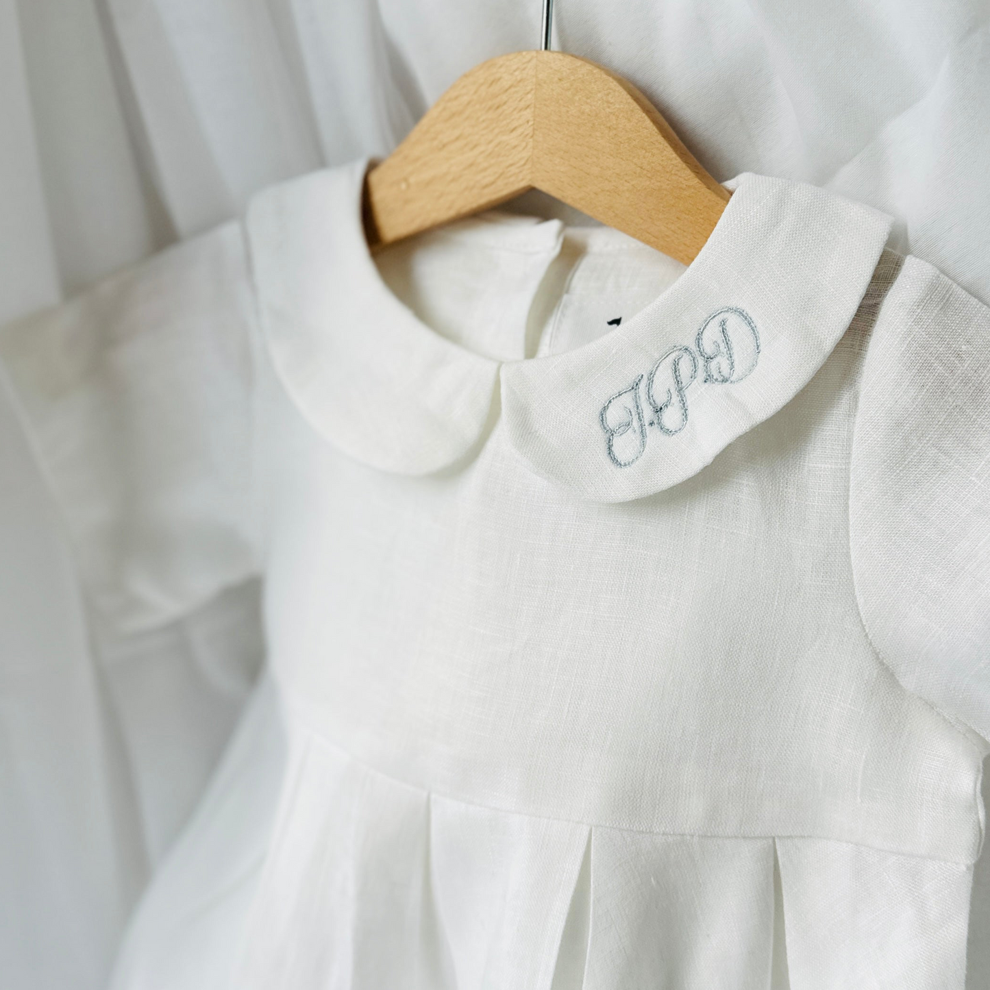 Pure Linen knee length Baptism Dress with embroidery and bloomers and optional ribbon