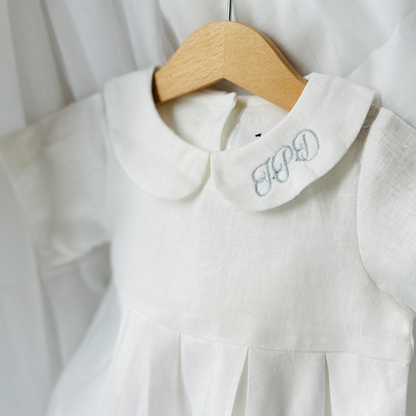 Pure Linen knee length Baptism Dress with embroidery and bloomers and optional ribbon