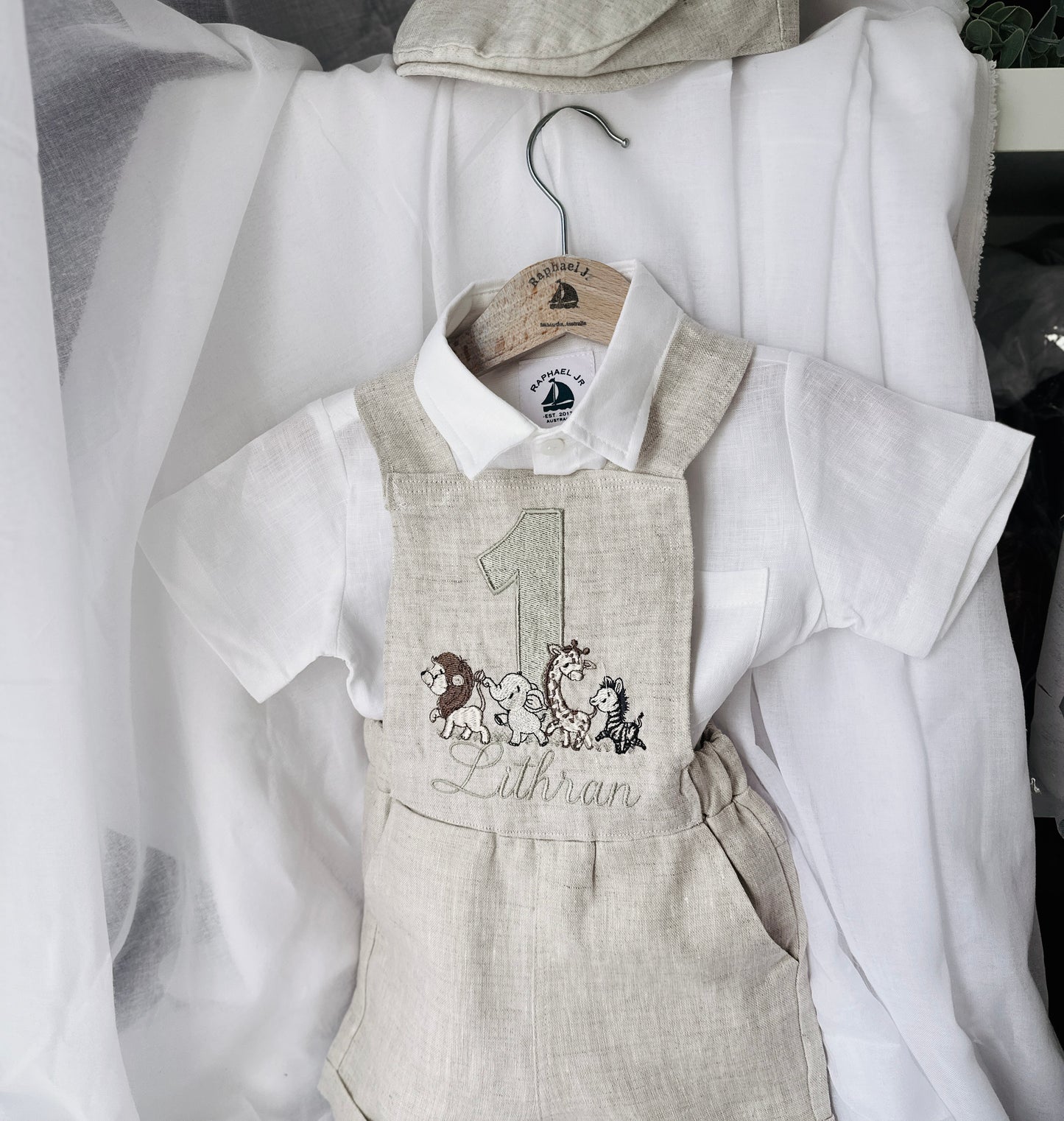 Boys beige pure linen overalls with optional shirt and embroidery