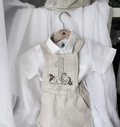 Boys beige pure linen overalls with optional shirt and embroidery