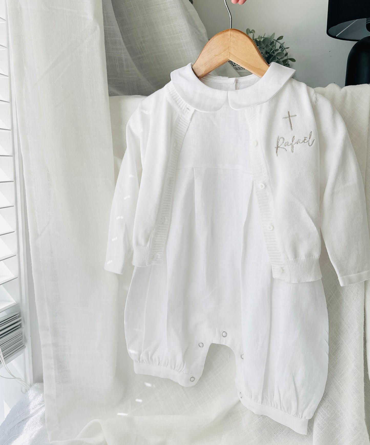Linen Baptism romper dungaree jumpsuit with optional cardigan and embroidery