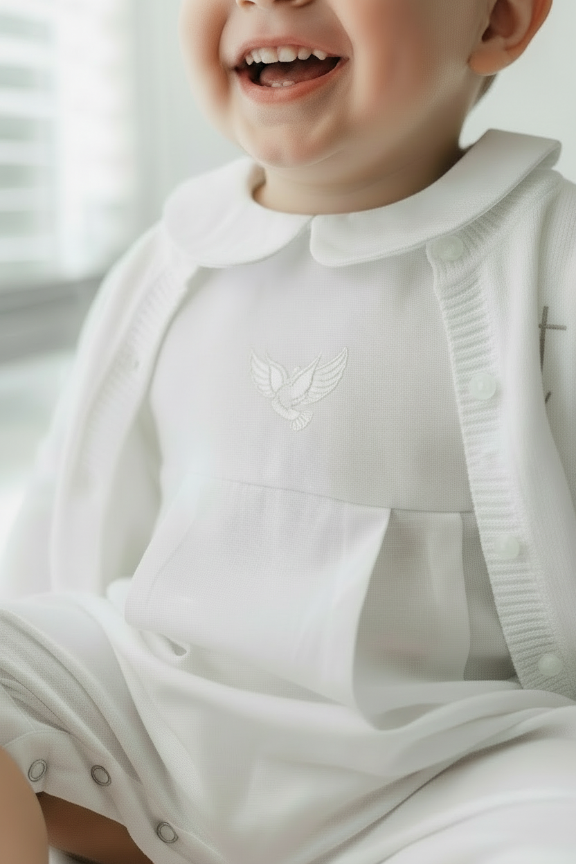 Linen Baptism romper dungaree jumpsuit with optional cardigan and embroidery