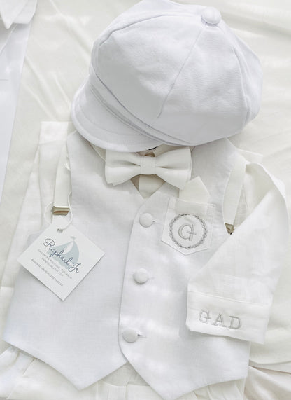 White linen baby cap for baptisms and christenings with optional embroidery