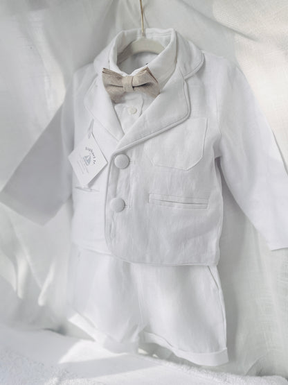 White linen summer Baptism set with shirt shorts suspenders bow tie and optional jacket