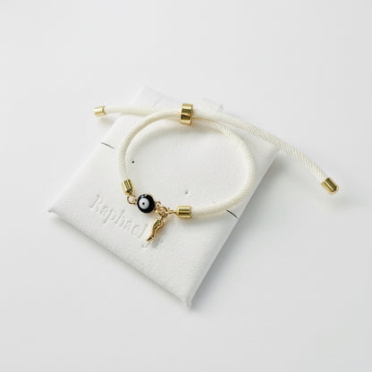 Evil eye bracelet white rope with gold clasps and optional charm