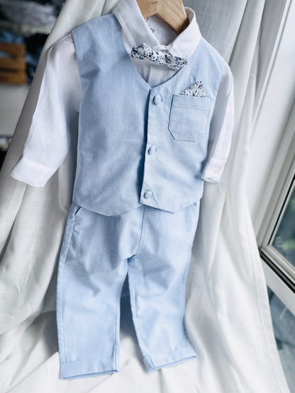 Baby and toddler boys pale blue chambray suit with blue vest, pants and jacket