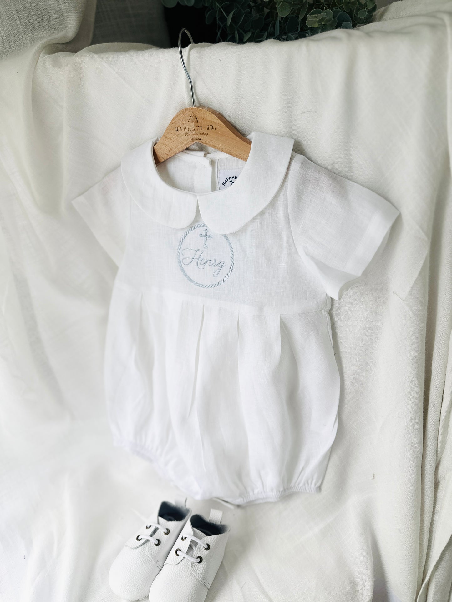 Linen Baptism peter pan collar bubble romper with optional embroidery customisation