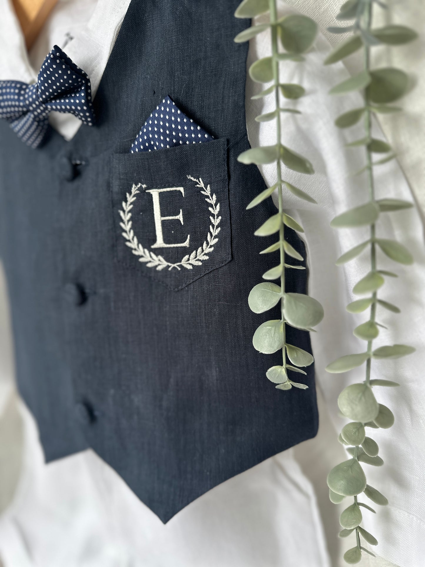 Beige linen suit with Navy blue vest