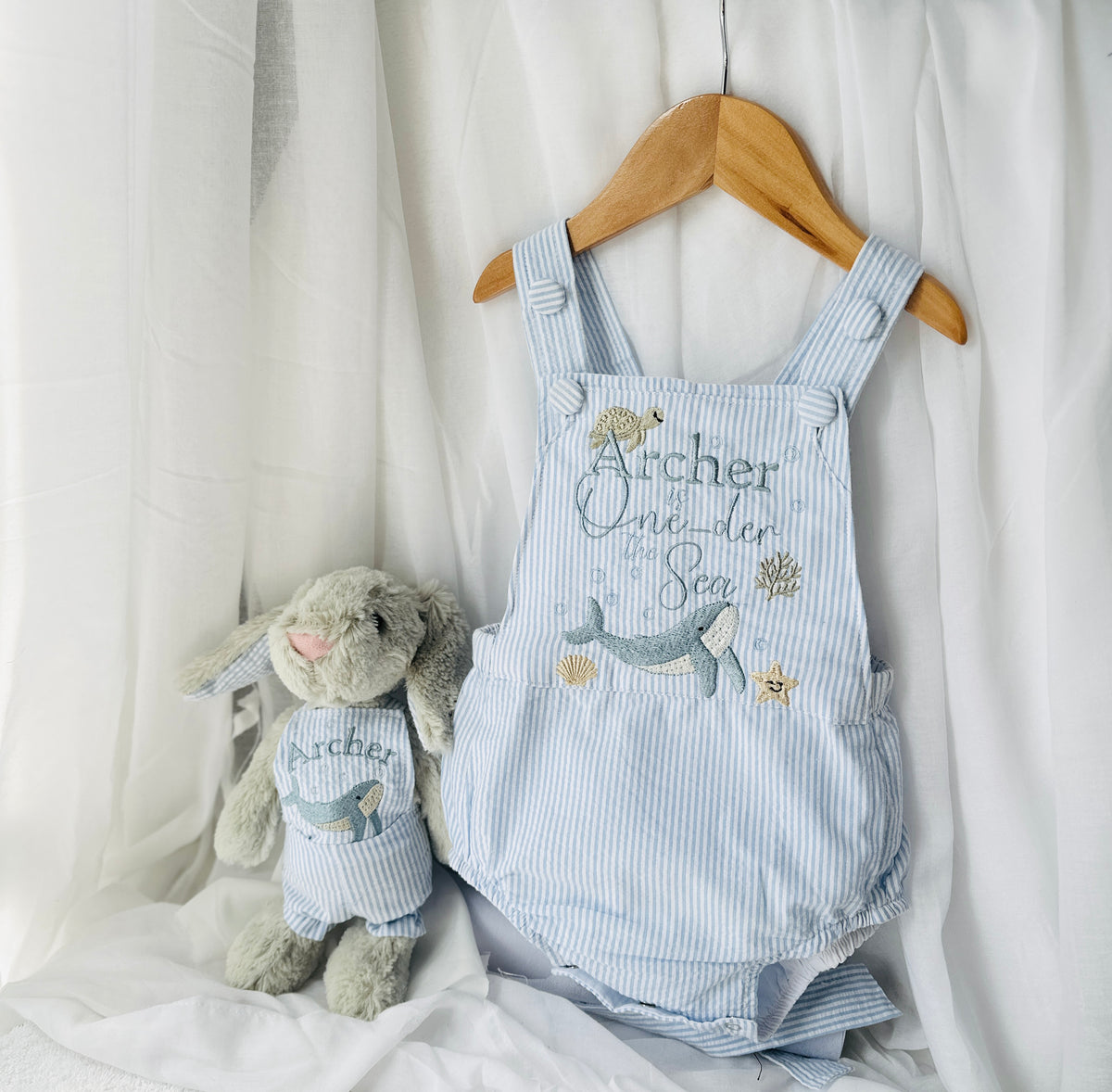 Boys Blue Seersucker Embroidered First Birthday romper