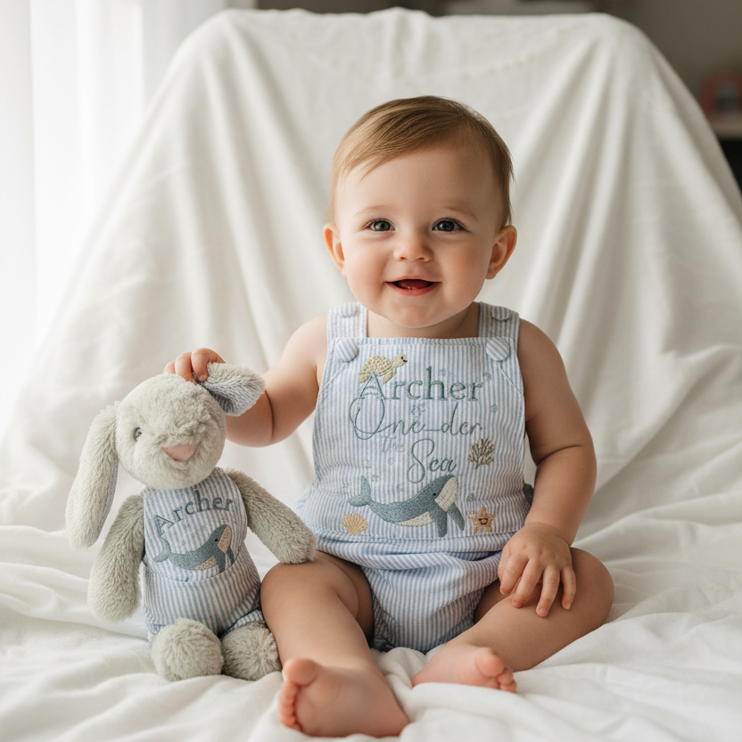 Baby and Toddler boys blue and white linen baptism and birthday romper and shirt set