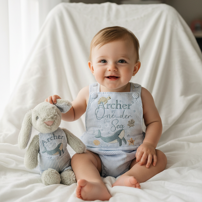Baby and Toddler boys blue and white linen baptism and birthday romper and shirt set