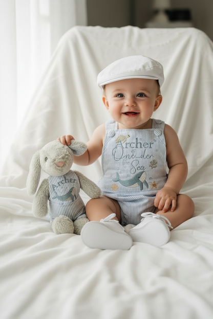 Baby and Toddler boys blue and white linen baptism and birthday romper and shirt set