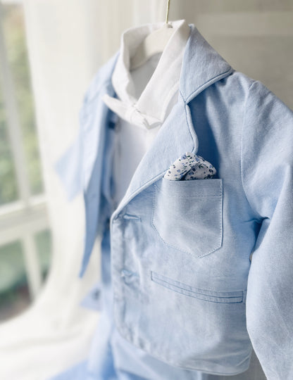 Blue chambray set with blue pants, white linen shirt, white, blue or beige suspenders and blue bow tie