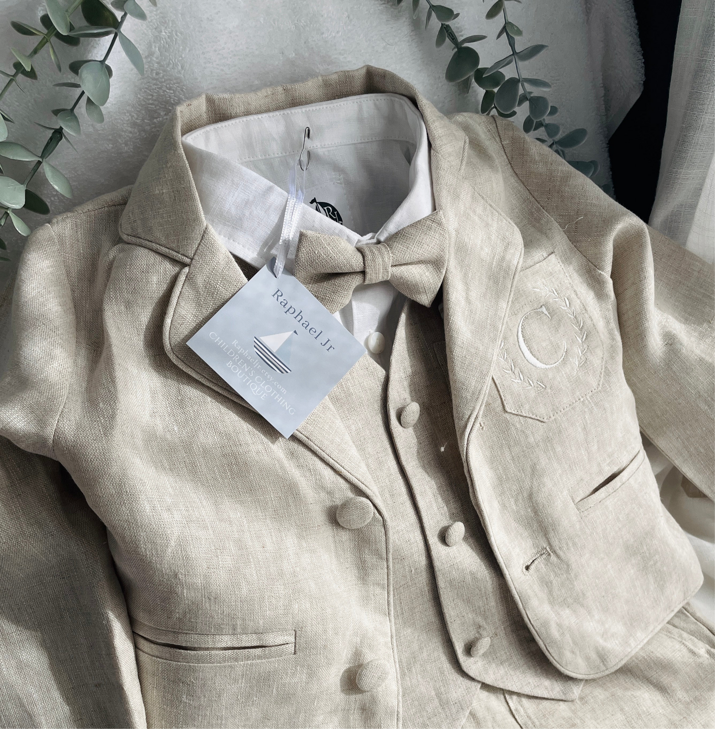 White and Beige Linen set with vest, shirt, pants, suspenders and bowtie plus optional jacket, cap and shoes