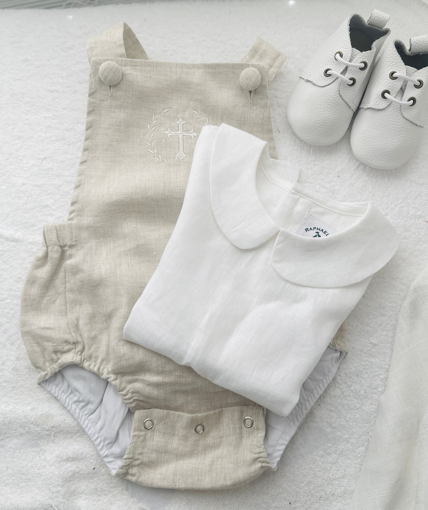 Beige linen baptism romper and shirt set