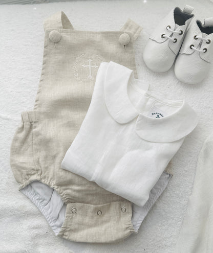 Beige linen baptism romper and shirt set