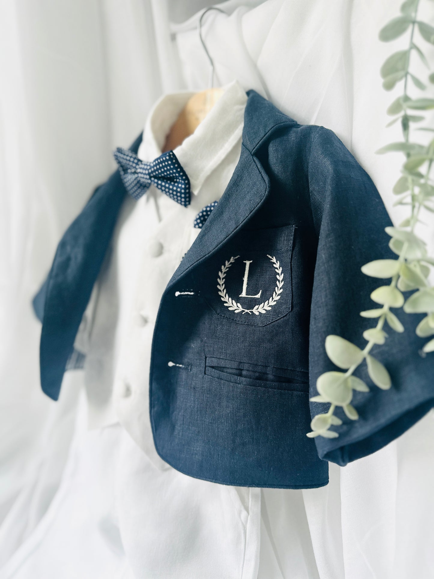 Boys white vest with white linen suit and navy jacket set