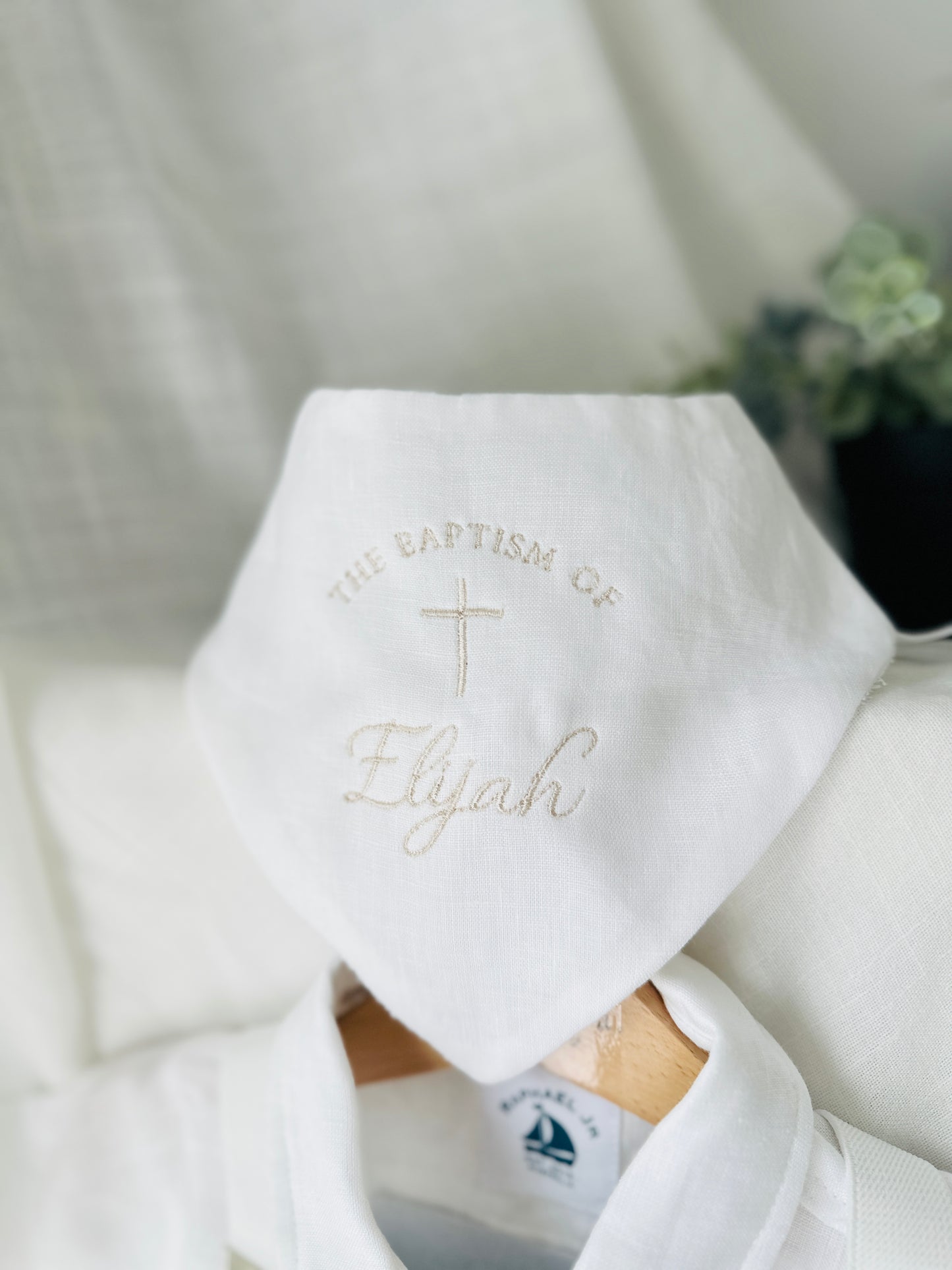 White linen Baptism Christening bib with optional embroidery