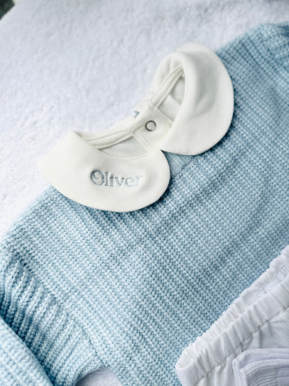 Baptism outfit with blue jumper, off white onesie and white linen bloomers and long socks