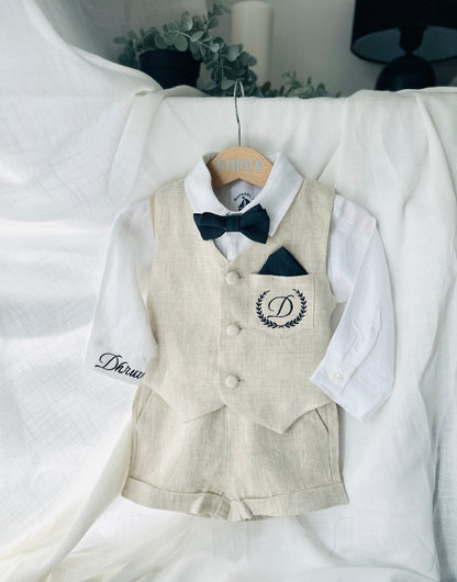Beige Linen Shorts Shirt Suspenders and Vest set with Optional Cap Jacket and Embroidery